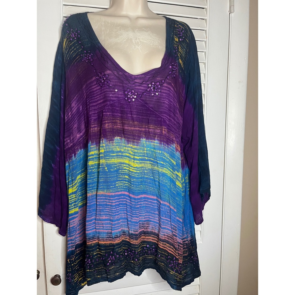 GreaterGood Womens Tie Dye Sequin Embroidered Tunic Top Gypsy Boho  L/XL Rayon